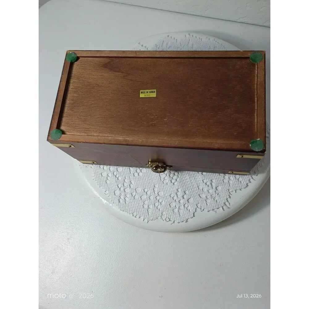Vintage Wood Jewelry Chest Removable Tray Red Velvet Lining Brass Hardware
